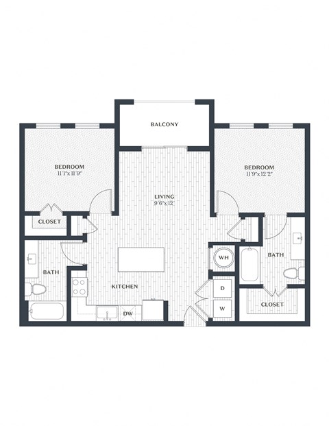 Floor plan for 2 beds, 2 baths, 937 sqft